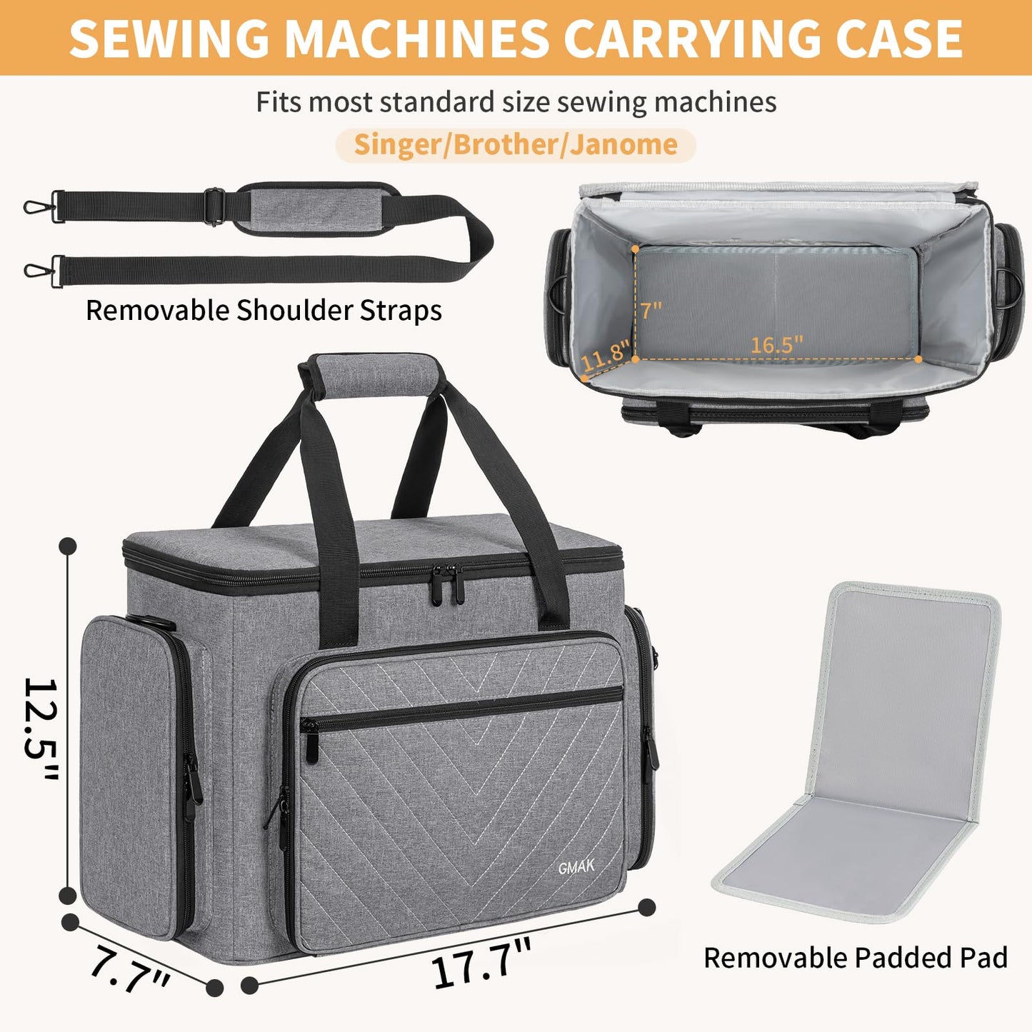 GMAK Sewing Machine Carrying Case, Sewing Machine Tote Bag with Removable Padding Pad, Universal Carrying Tote Storage Bags Stitching Case with Pockets for Most Standard Brother, Singer, Janome