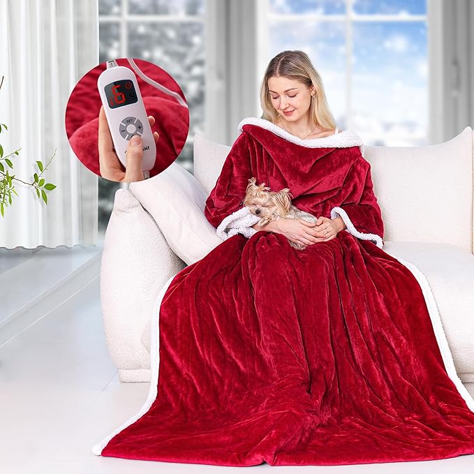 Wearable Heated Blanket with Sleeves, Electric Heated Blanket for Gifts, Electric Throw Wrap Poncho Shawl with Pockets, 6 Heating Levels & 4 Hours Time Settings, 50 x 70 Inch (Red)