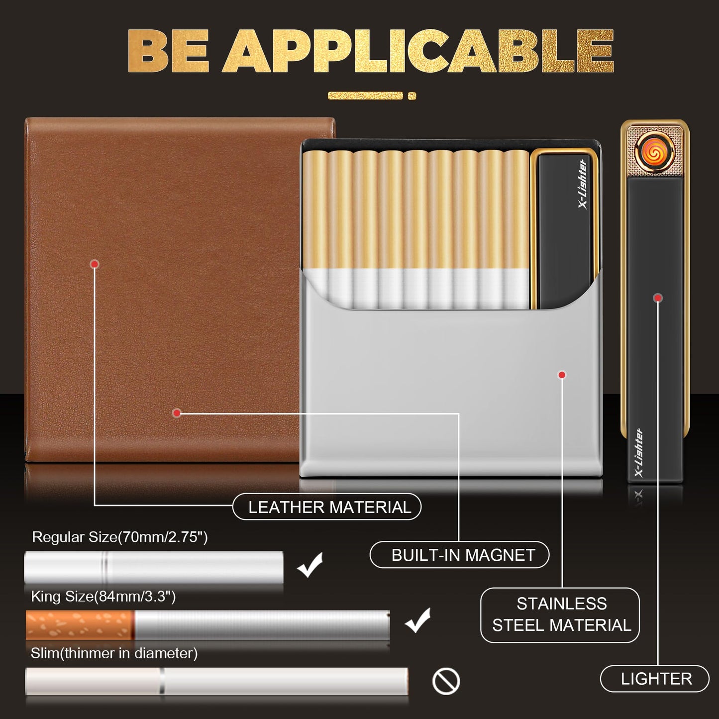 X-LIGHTER Cigarette Case with Lighter for 84MM King Size, Smell Proof, Ultra Slim, Leather Cigarette Holder Case for Men, Business