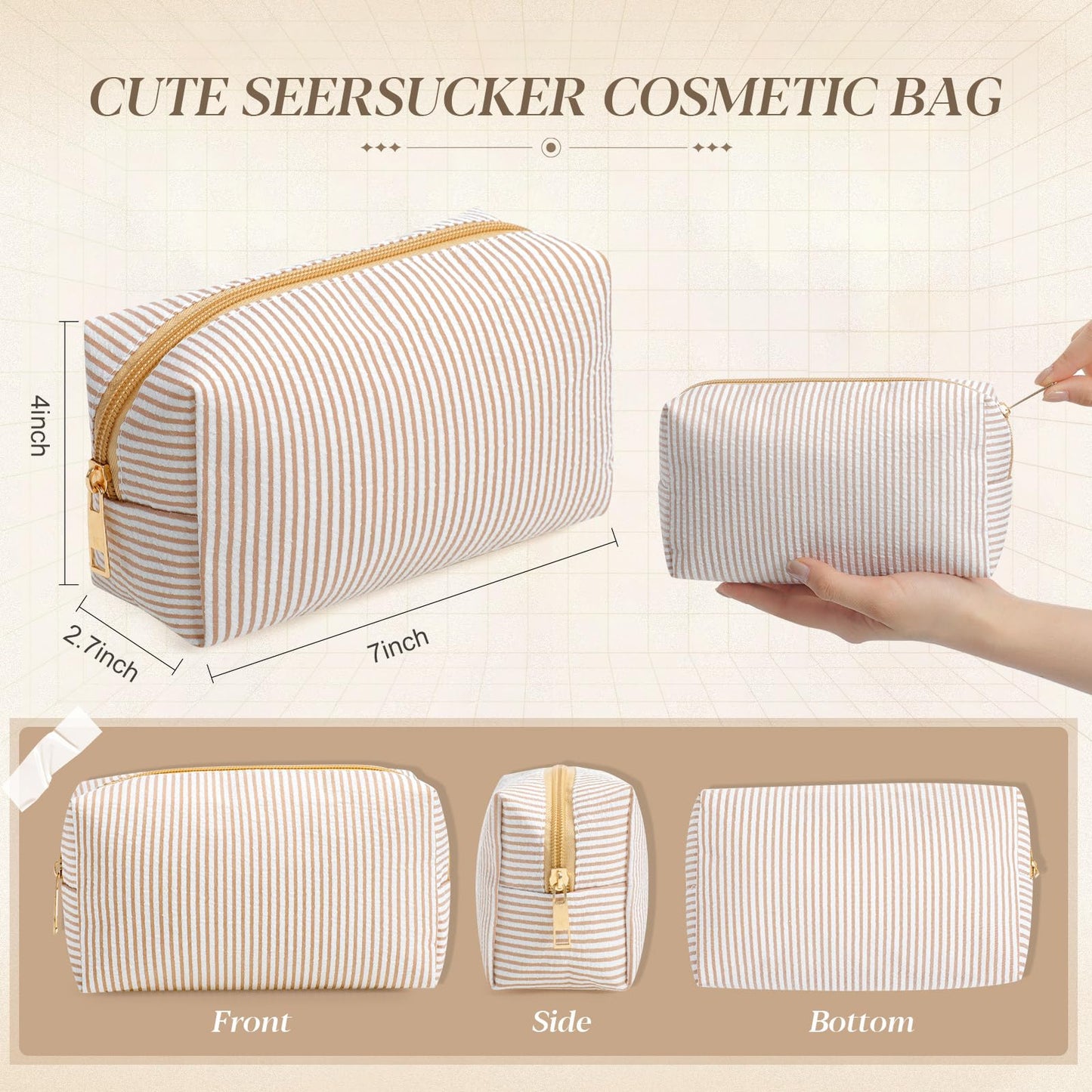 Sanwuta 6 Pcs Seersucker Cosmetic Bags Bulk Seersucker Makeup Bags Stripe Women Pouch Large Preppy Storage Pouch Toiletry Travel Organizer for Wedding Bridesmaid Bride Favor Mom Gift (Khaki)
