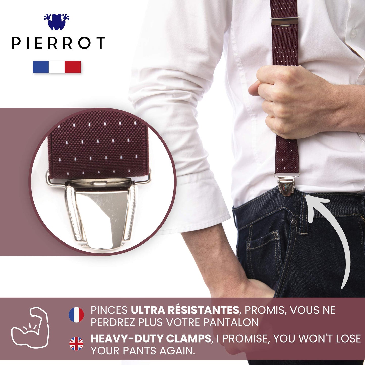 PIERROT Wide Premium Men's Suspenders - One Size Fits All, Adjustable - Reinforced Elastic and Leather Finishes