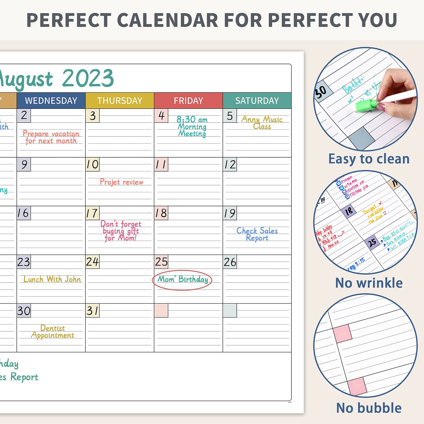 Large Dry Erase Calendar for Wall - Undated Dry Erase Calendar, Erasable Laminated Calendar for Wall with 8 Round Stickers, 40" x 28", Monthly Calendar for Office, Home, Classroom - Colorful