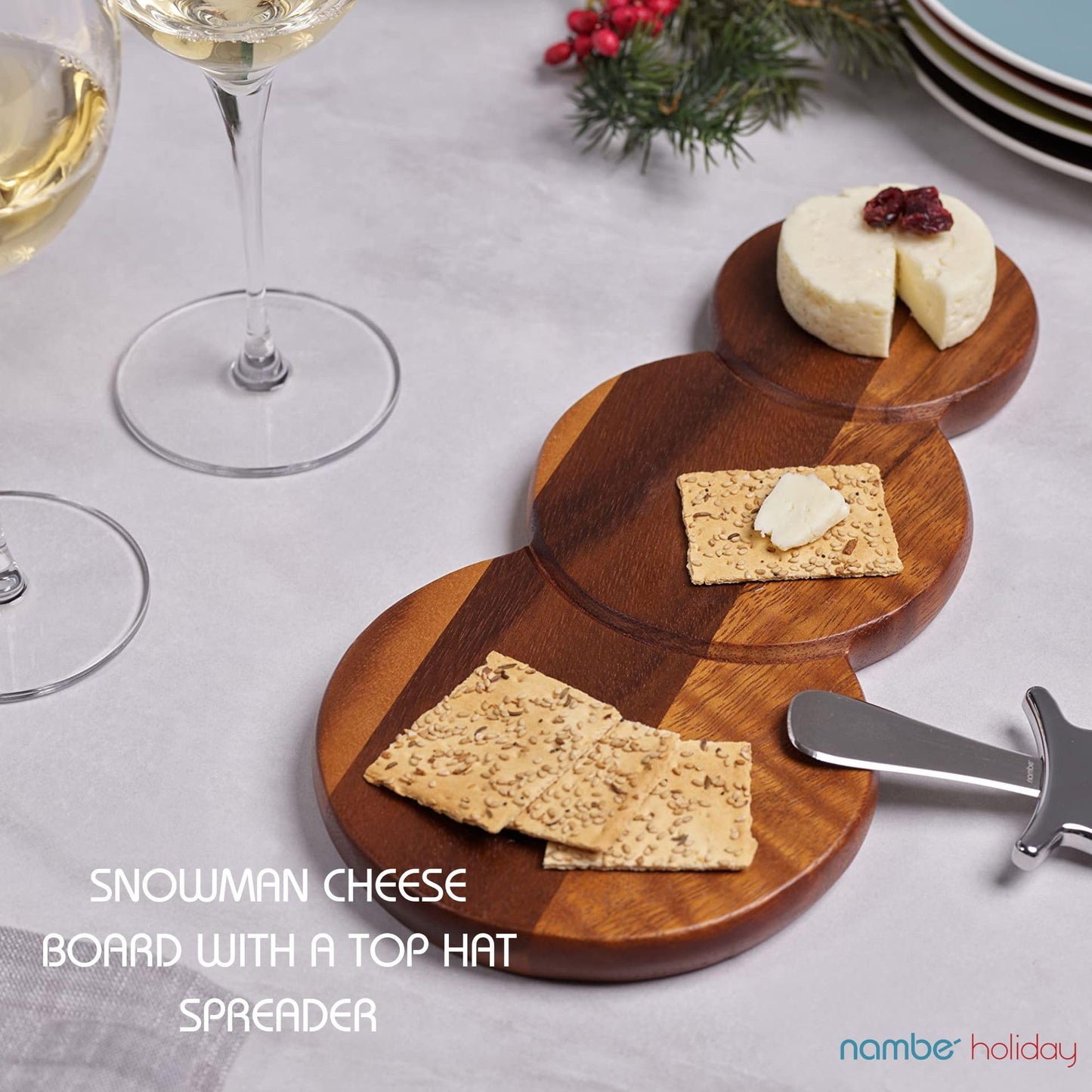 Nambé Snowman Cheese Board – Holiday Acacia Wood Charcuterie Tray with Chrome Plate Spreader, Seasonal Serveware & Giftable Entertaining Accent for Christmas Parties & Winter Gatherings