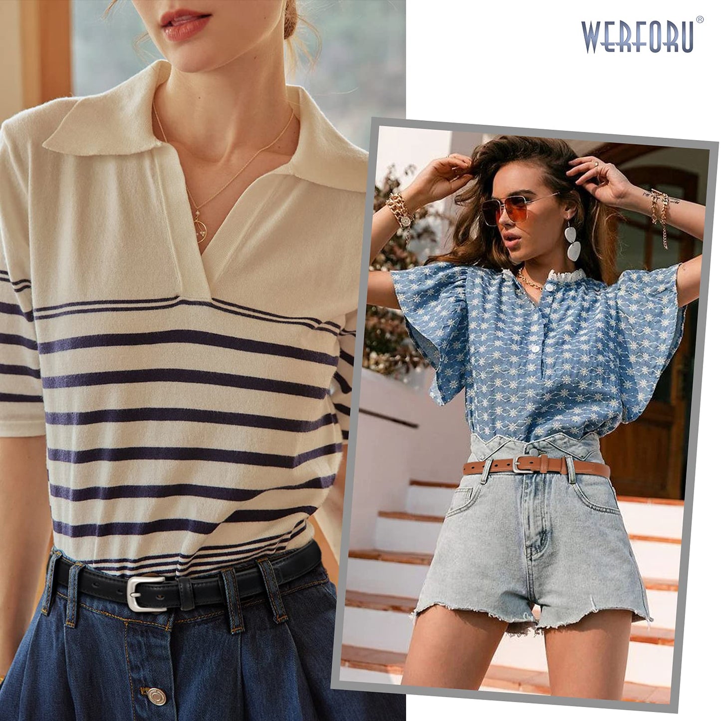 WERFORU 2 Pack Women Leather Belt for Pants Jeans Skinny Waist Belts for Dress Casual Ladies Belt Solid Pin Buckle
