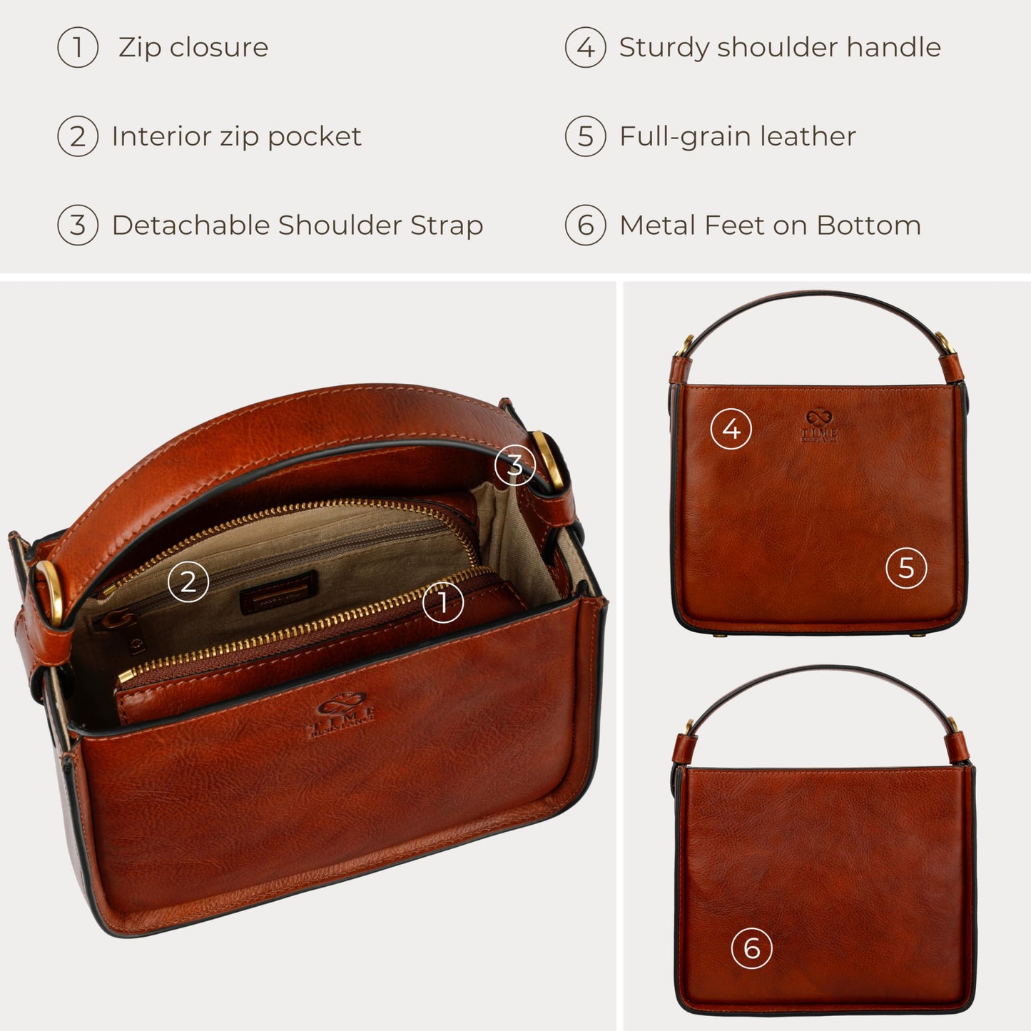 Time Resistance Leather Handbag - Full-Grain Leather Purse for Women - Tote Bag with Detachable Shoulder Strap (Cognac Brown)