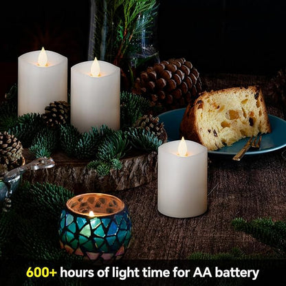 3x4 Flickering Flameless Candles Set of 3,Real Wax Pillar LED Battery Candles,with Timer,4 inch Flameless Candles with Remote,for Holiday Home Decor,White