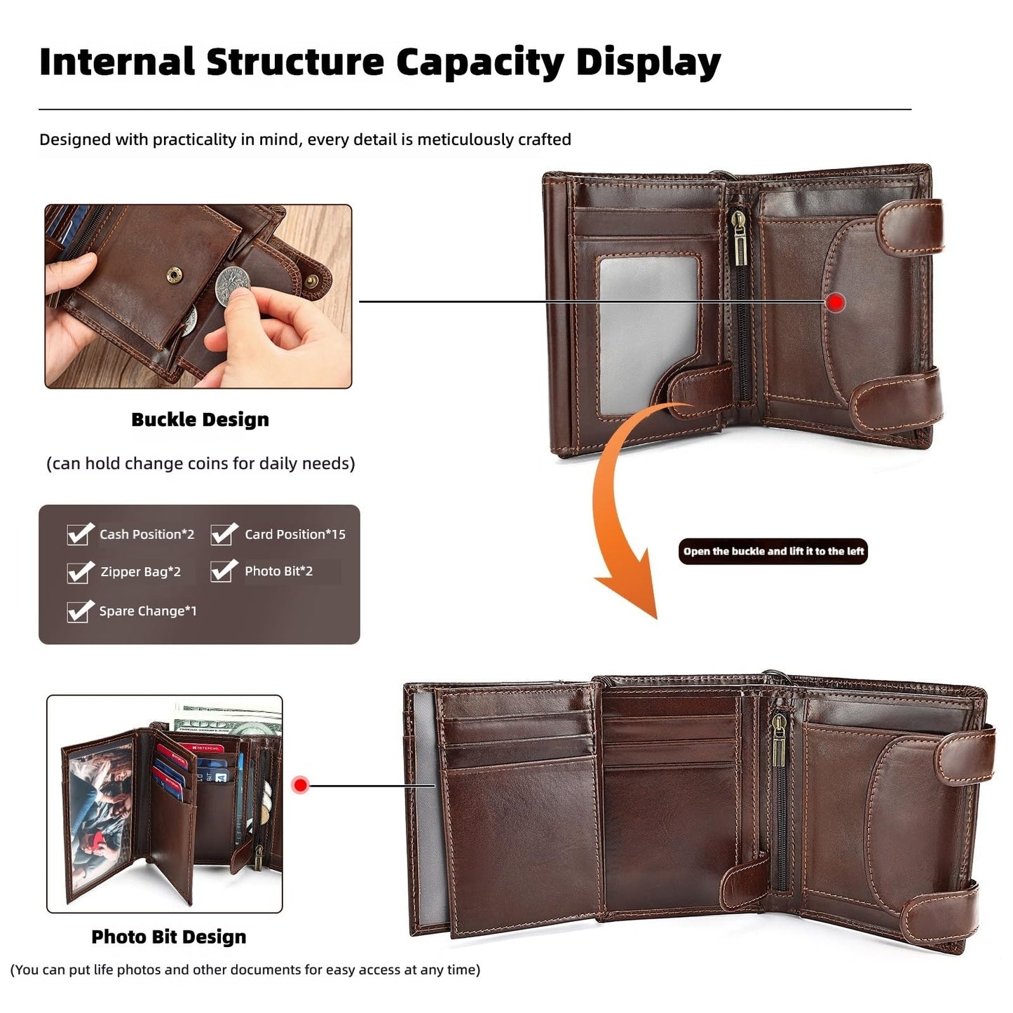 Mewpurrs Mens Genuine Leather Trifold Wallet, RFID Blocking Vertical Wallet with Wrist Strap, Zipper Coin Pocket, 15 Card Slots, Coffee