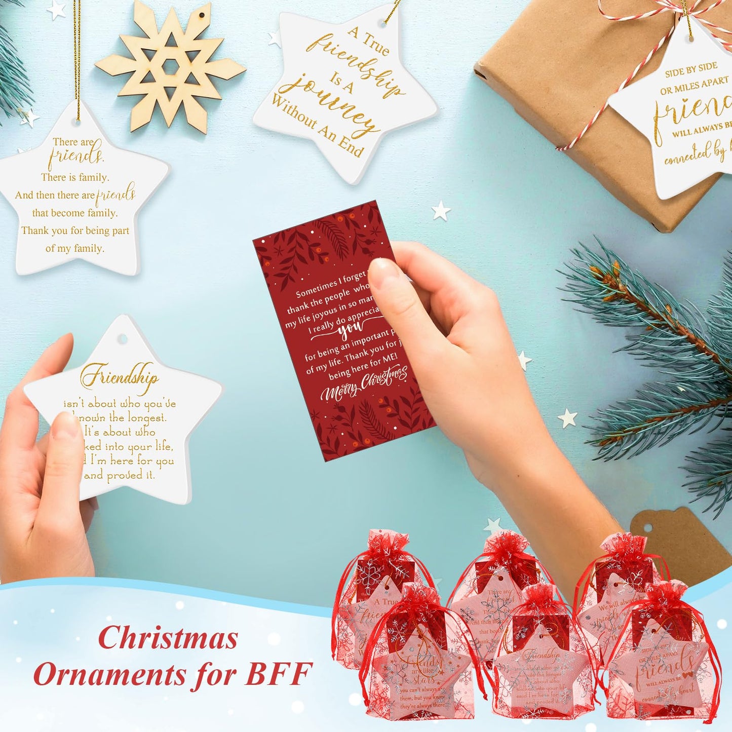 Suzile 6 Pcs Friendship Christmas Ornaments Long Distance Sister Christmas Ornament Gift Round Sisters Friends Ornaments with Holiday Cards Organza Gift Bag for Christmas Tree (Star)