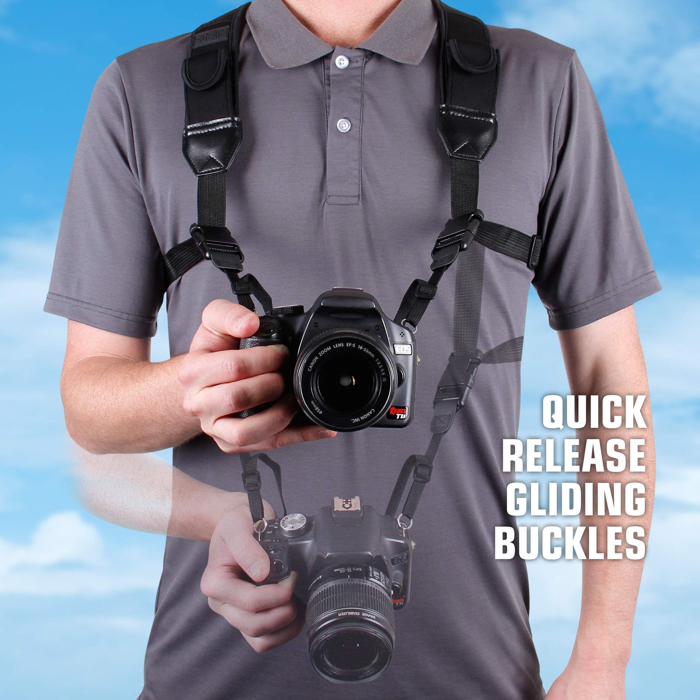USA Gear DSLR Camera Strap Chest Harness with Quick Release Buckles, Black Neoprene Pattern and Accessory Pockets - Compatible with Canon, Nikon, Sony and More Point and Shoot and Mirrorless Cameras