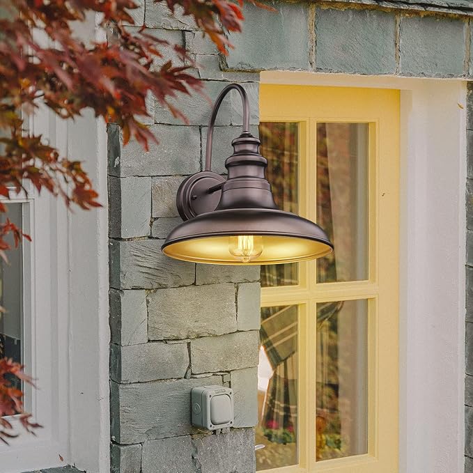 Outdoor Barn Light Fixture Farmhouse Wall Mount Light Gooseneck Wall Sconce Exterior Wall Lighting Fixture Industrial Bronze Finish Lantern for Porch with Gold Interior, 4Pack, RZ004-4PACK ORB