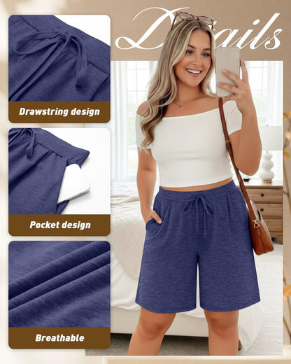 Huukeay 3 Pack Women's Plus Size Bermuda Shorts Casual Knit Drawstring Knee Length Walking Shorts with Pockets(Black,Heather Gray,Dark Blue,3X-Large)