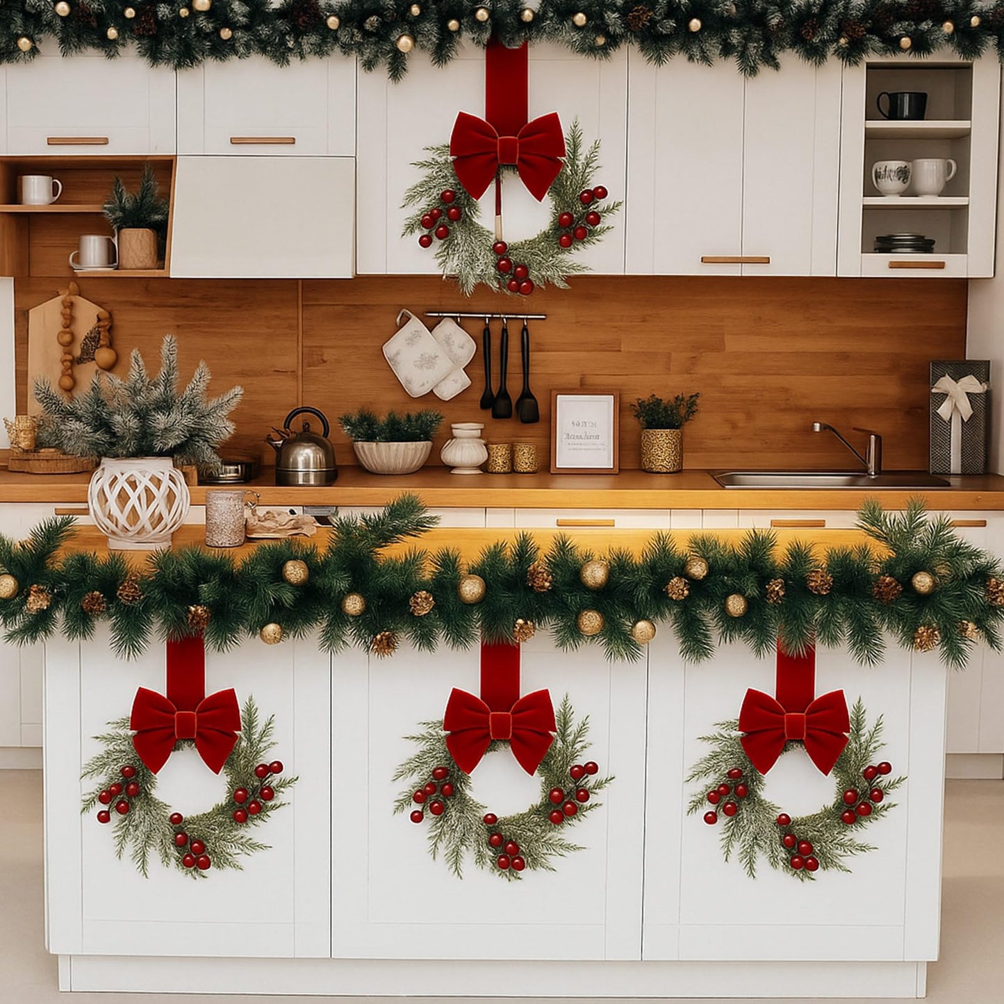 6 Pieces 8" Mini Christmas Wreaths - Small for Kitchen Cabinet/Window/Front Door, Artificial Red Berries & Pinecones, Christmas Candle Rings, Table/Farmhouse Decoration (No Ribbon)