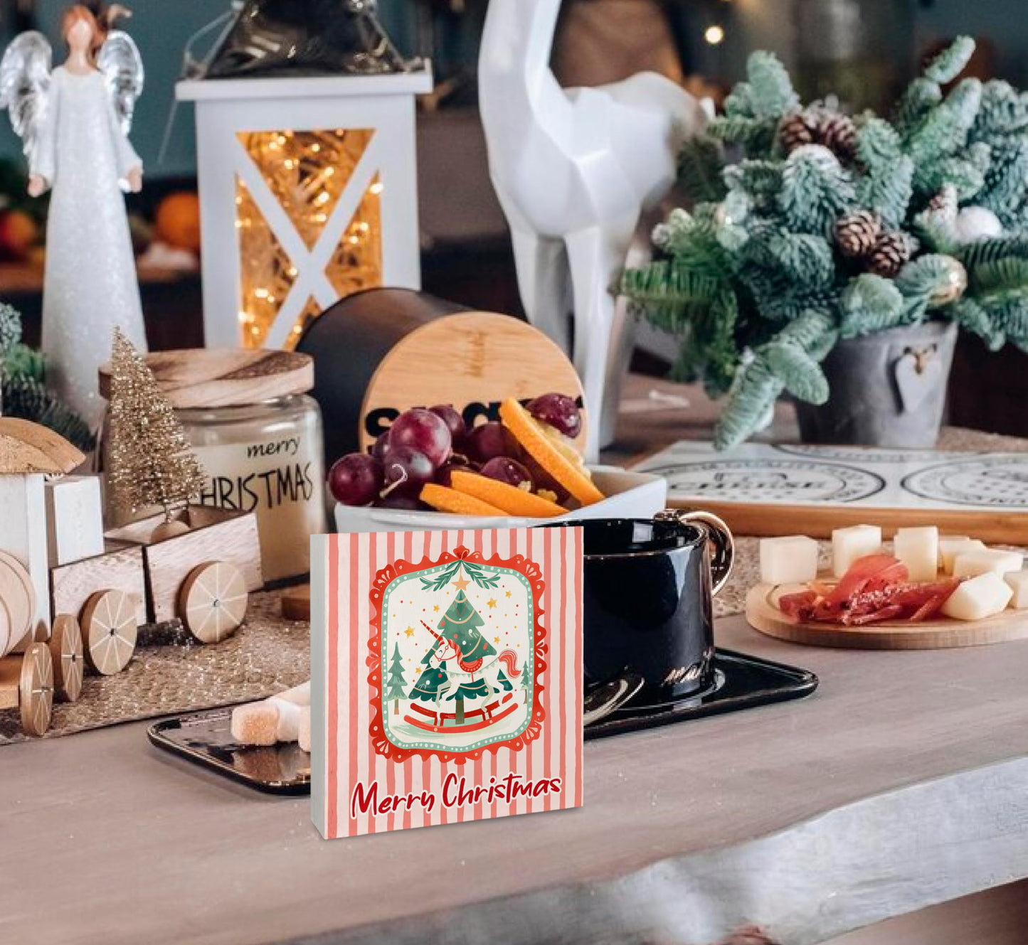 KEUSPI Rustic Pink Merry Christmas Wooden Box Sign, Preppy Christmas Desk Decor, Xmas Tree Mythical Horse Holiday Wood Box Block Sign for Home Office Desk Tabletop Shelf Decoration 5x5 Inch