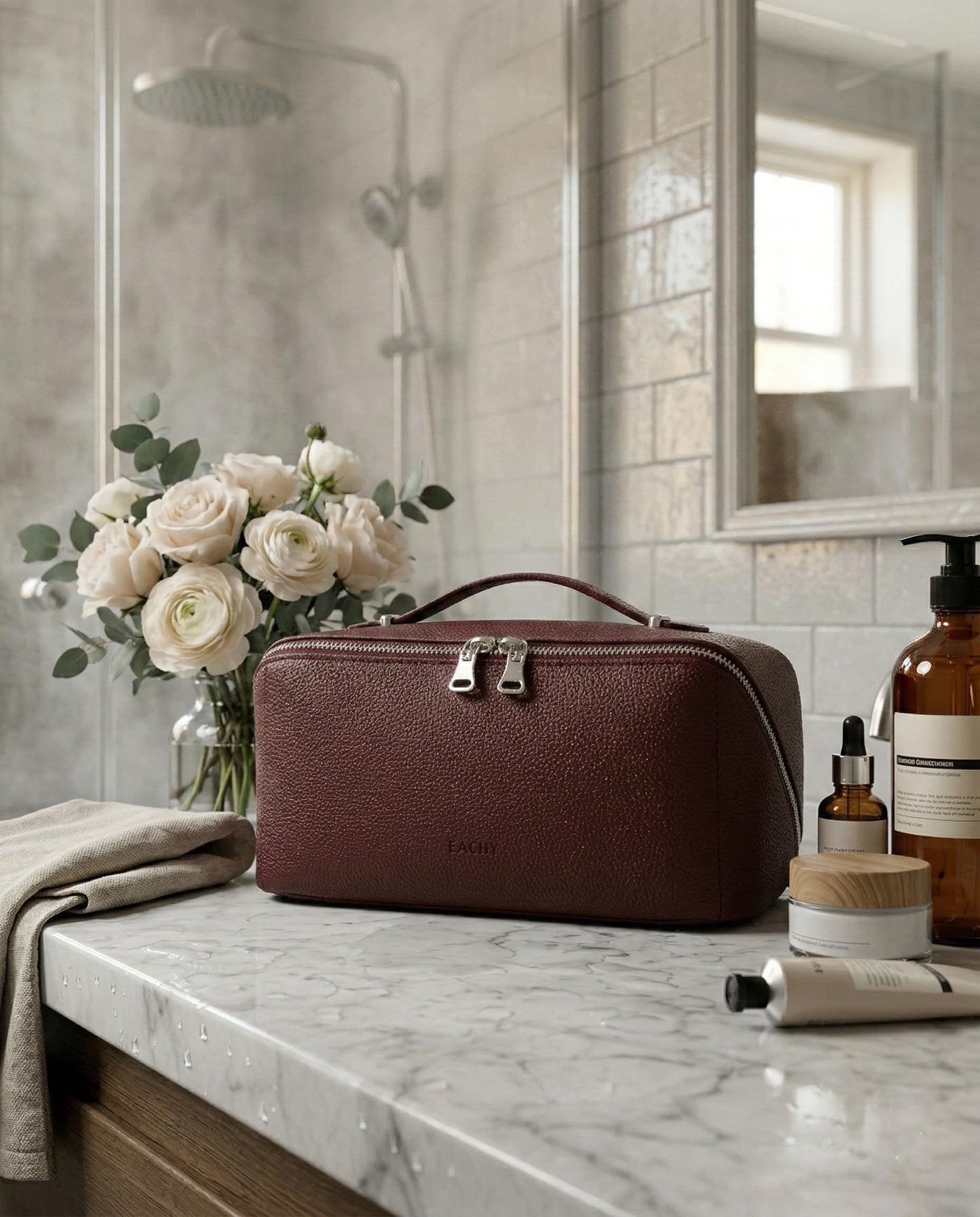EACHY Travel Makeup Bag, Lychee Leather Large Capacity Cosmetic Bag for Women, Open Flat Toiletry Bag with TPU Brush Compartment, Waterproof Skincare Organizer Travel Essentials