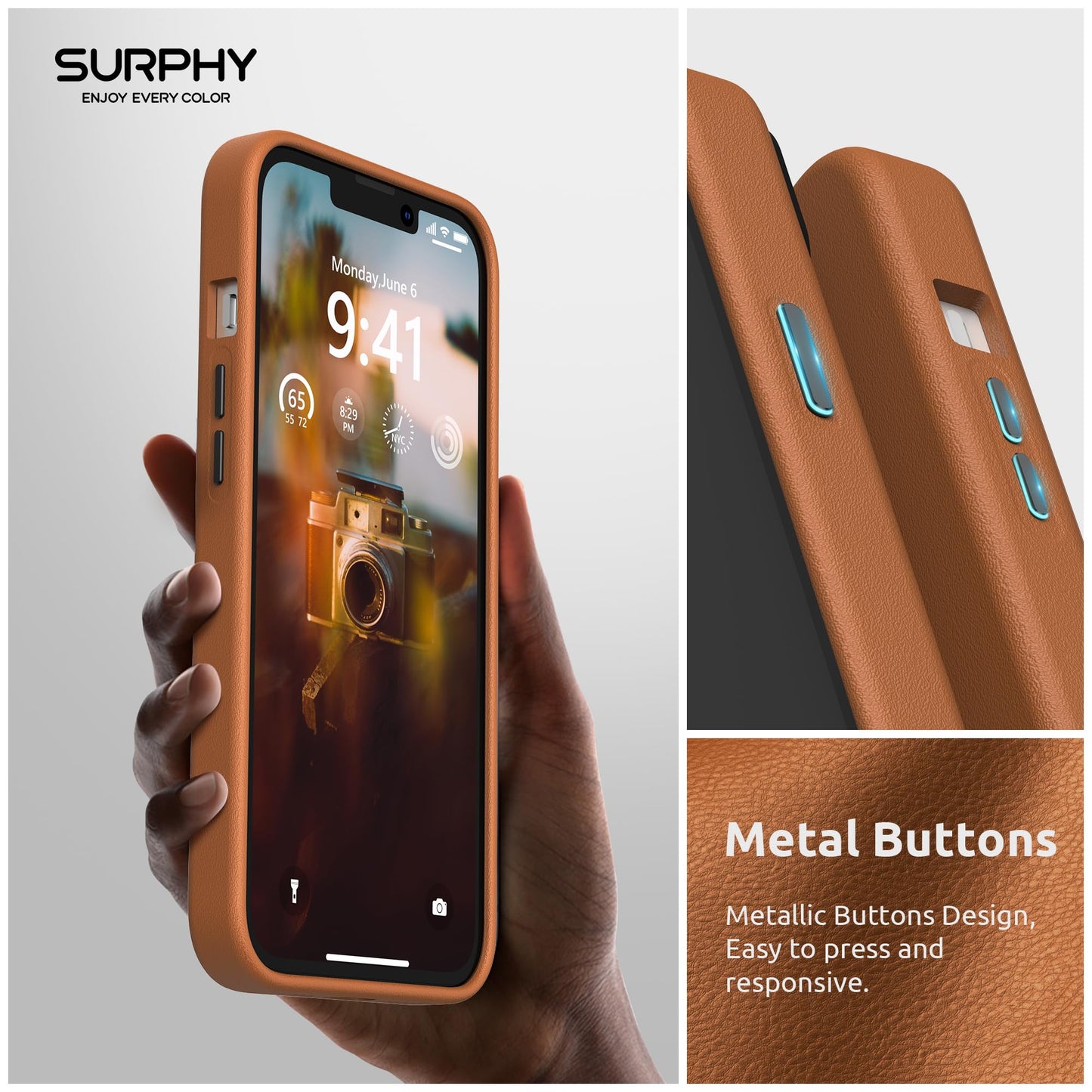 SURPHY Compatible with iPhone 13 Case, Premium Faux Leather Phone Case (with Metallic Buttons & Microfiber Lining) for 13 (6.1 inch 2021), Brown