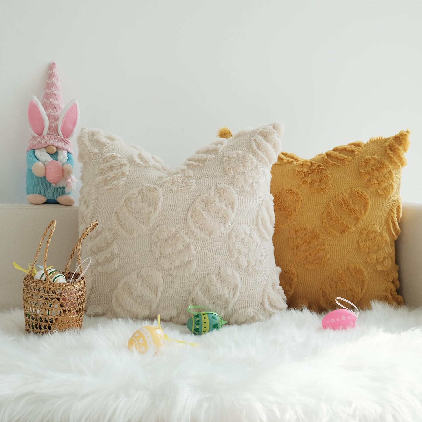JOJUSIS Decorative Pillow Covers Pack of 4 Spring Throw Pillowcases Faux Fur Couch Cushion Easter Egg 18 x 18 Inch