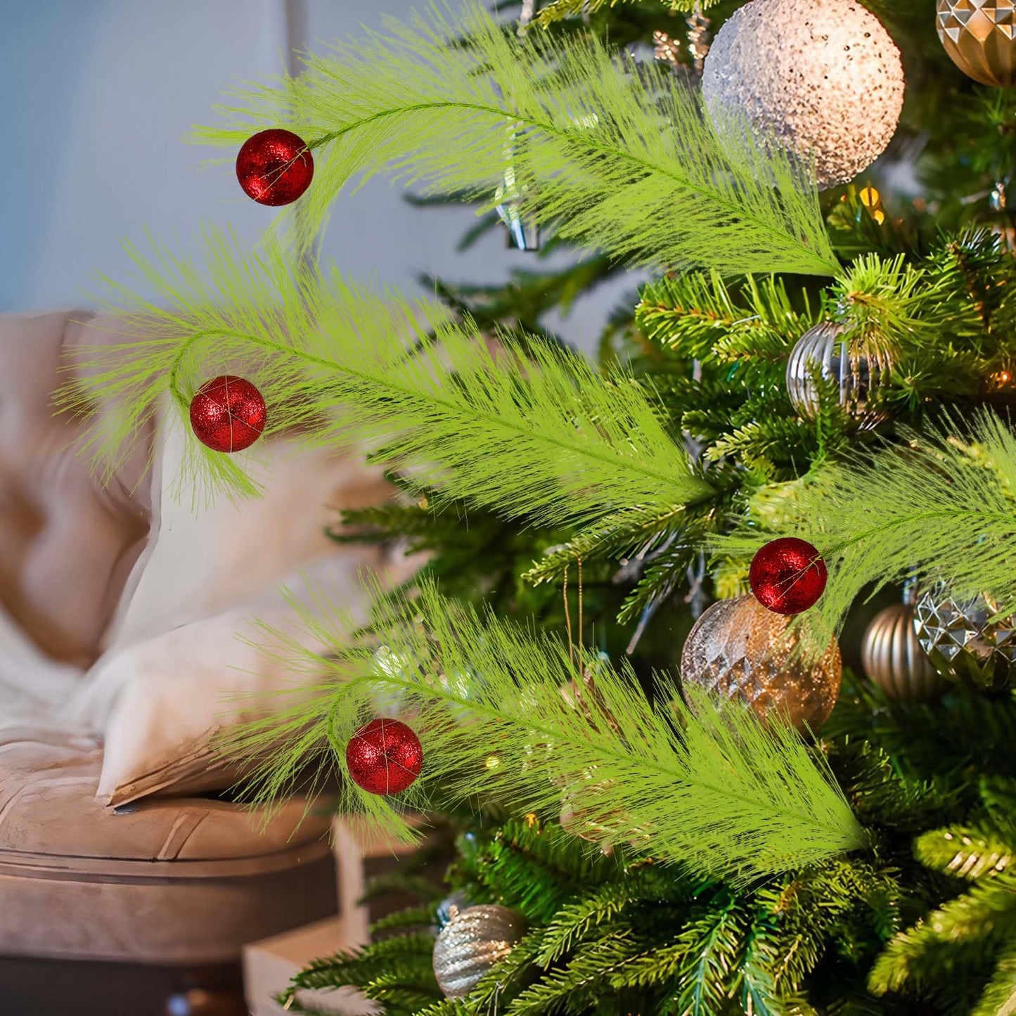 Hananona 30pcs 15" Christmas Picks and Sprays Christmas Tree Filler Green Curly Greenery Stems with Red Ball Xmas Artificial Stems for CraftsTree Decor, Vase Fillers, Home Decorations (30, Green)