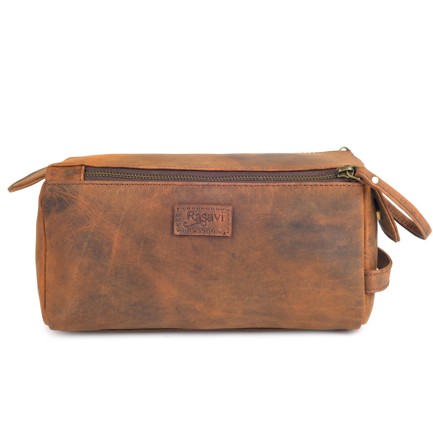 Rasavi Genuine Leather Travel Toiletry Bag for Men & Women, Handcrafted Vintage Dopp Kit, Water-Resistant Shaving & Bathroom Essentials Organizer - Distressed Brown