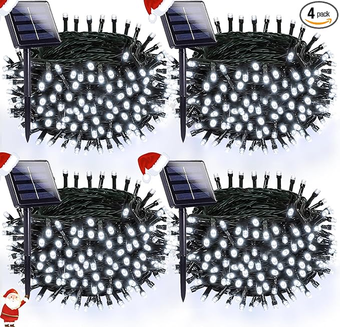 OZS 4 Pack 320LED Solar String Lights Outdoor, Waterproof 8 Modes Solar Tree Light, Green Wire Christmas Lights Outdoor for Garden, Party, Wedding, Christmas Decorations (Cool White)