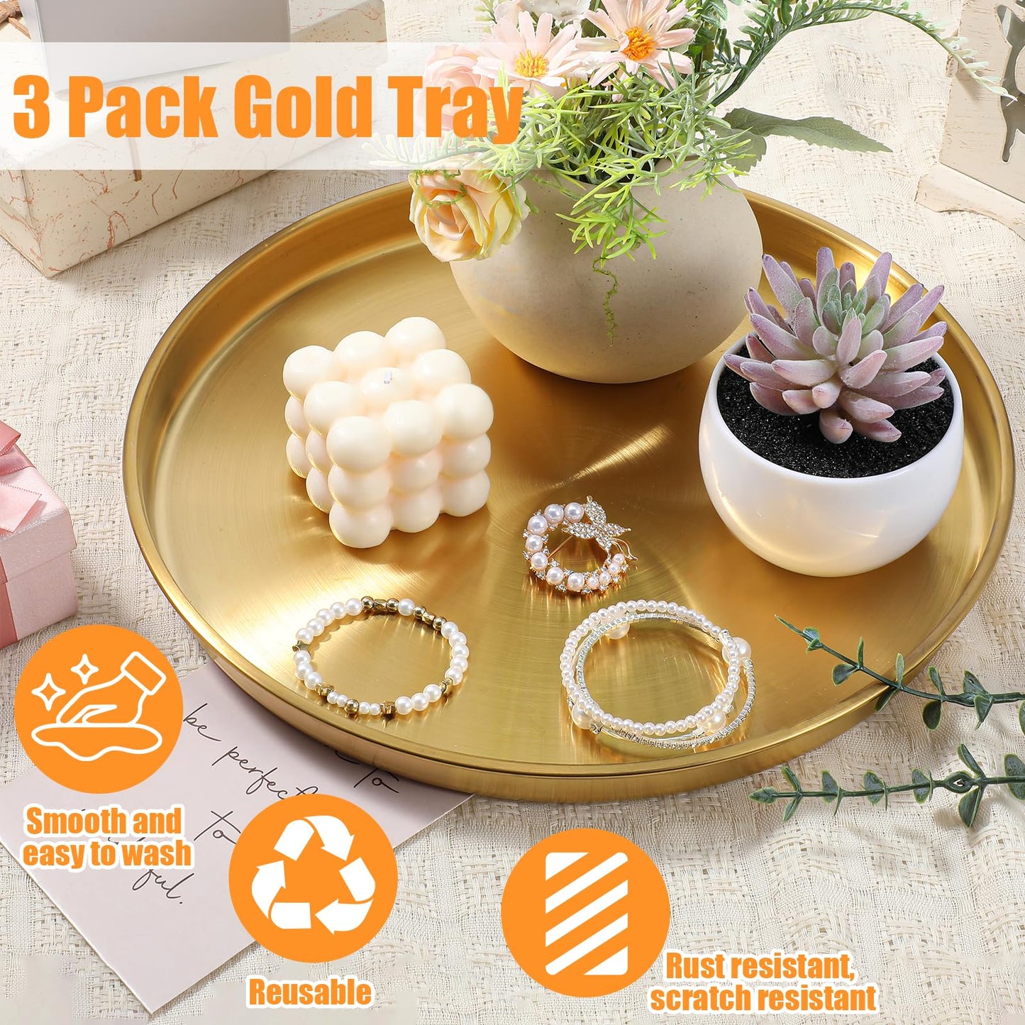 3 Pcs 12 Inch Gold Round Serving Tray, Stainless Steel Decorative Plate for Jewelry Makeup Organizer, Vanity Bathroom Coffee Table Dessert Display