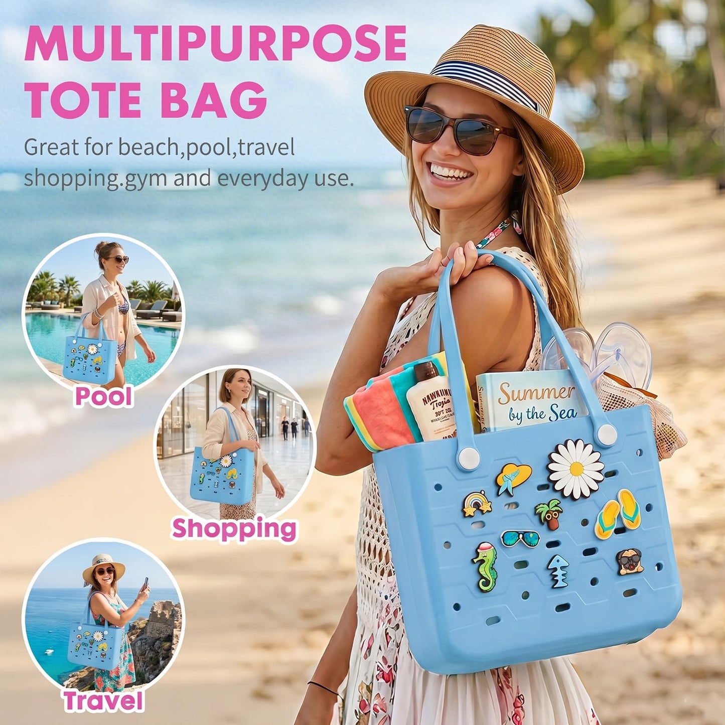 Barelove Beach Bag for Women – Lightweight & Water-resistant Rubber Tote, No More Sand Mess – Ideal for Pool, Cruise, Summer Vacation (Blue)