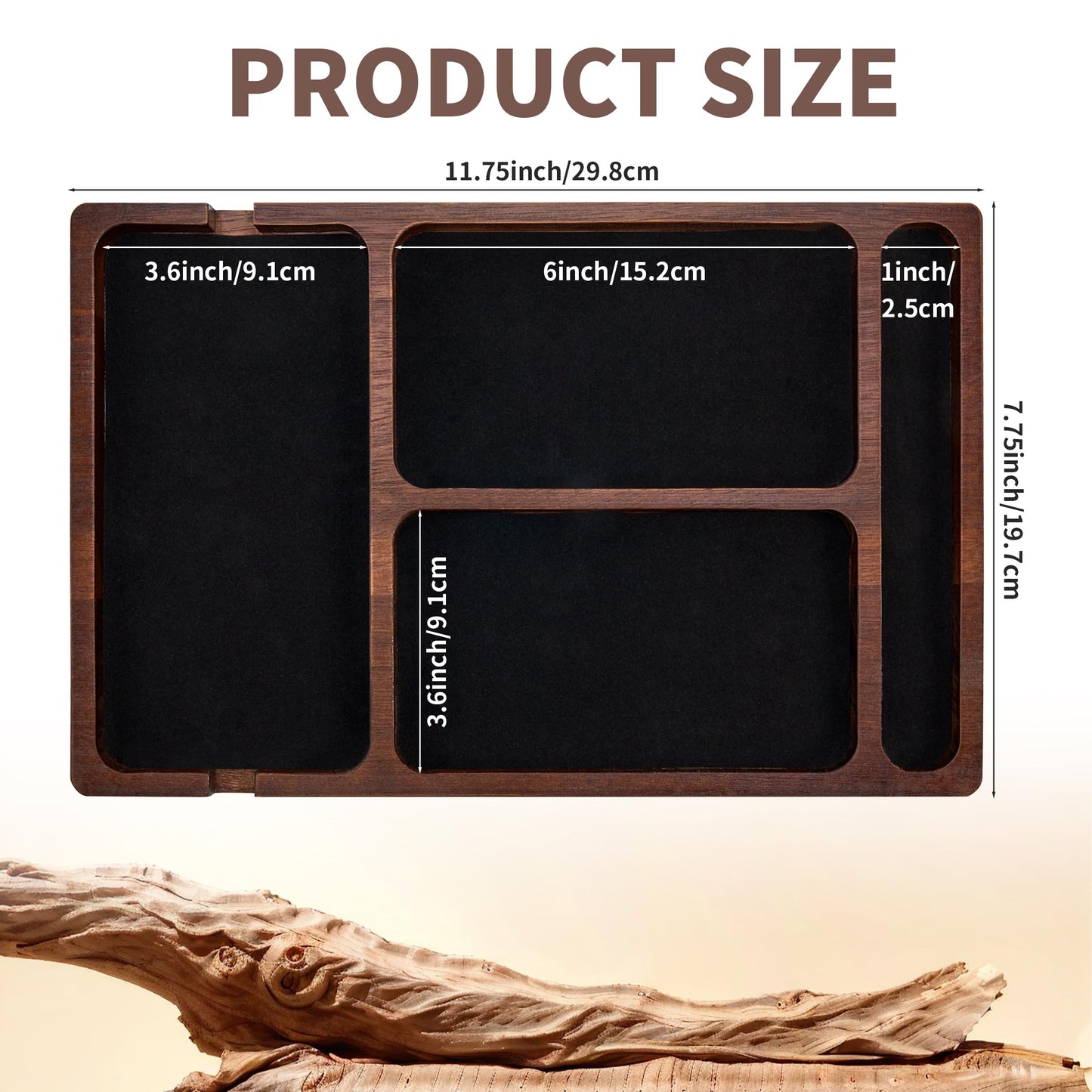 Valet Tray, Multi-Space Acacia Wood Leather Surface Desk Organizer Tray with Charging Assistance Port for Office or Study Room, Nightstand Organizer for EDC, Store Phone, Watch, Wallet, Keys, Jewelry