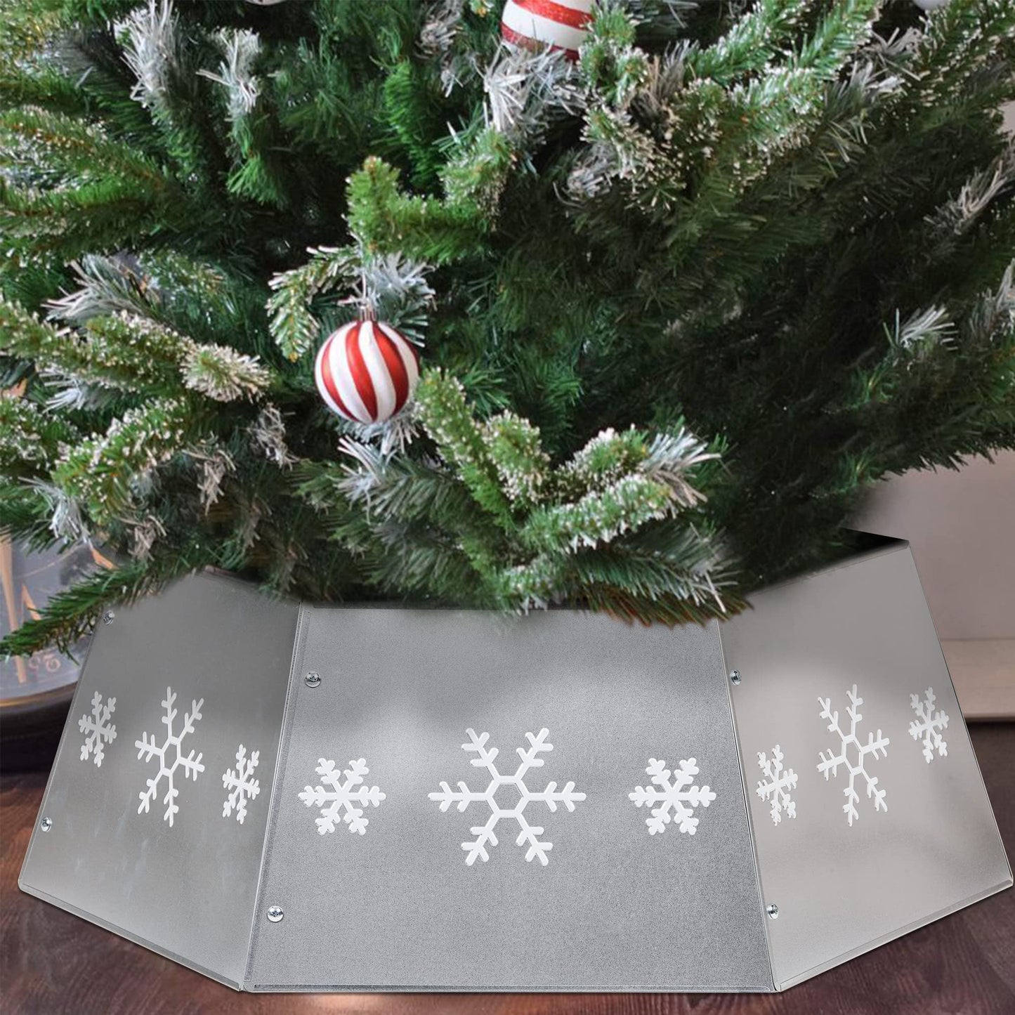 FORUP Metal Christmas Tree Ring with Printed Snowflake, Tree Skirt Base Stand for Tree Decorations (Silver)