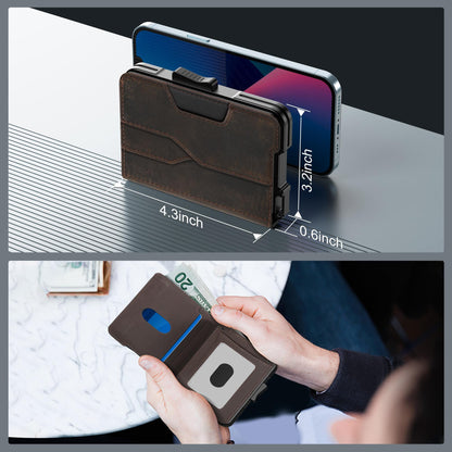 Kunlgro Wallet for Men - Pop Up Case, Cash Slot, and Credit Card Wallet - Slim Minimalist Aluminum Front Pocket Wallet with RFID Blocking/ID Window (Genuine Leather Dark Coffee)