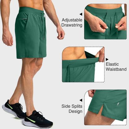 Soothfeel Men's Running Shorts with Zipper Pockets 7 Inch Lightweight Quick Dry Gym Athletic Workout Shorts for Men (Green, L)