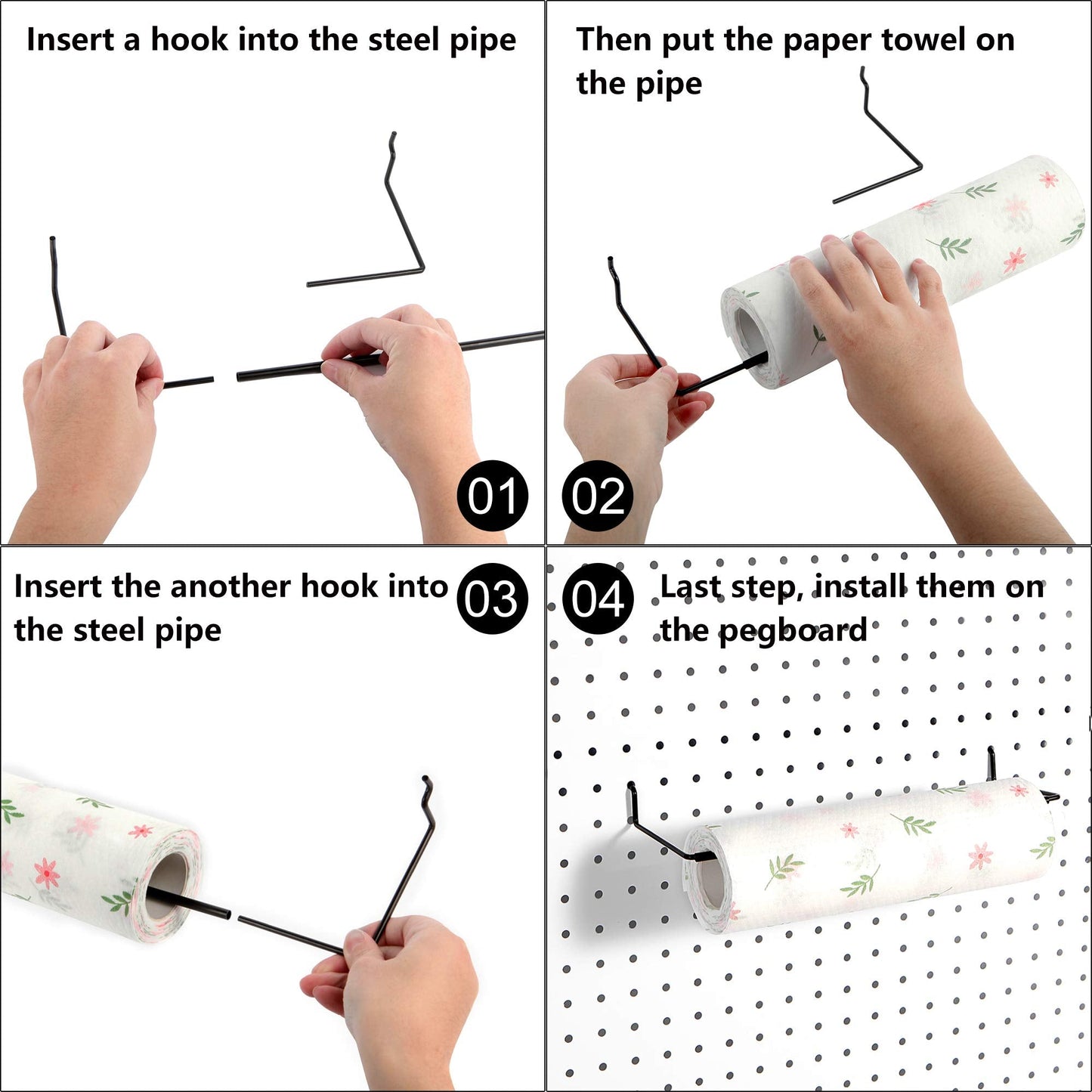 Paper Towel Holder for Pegboard, Extendable, Fit Any Standard Pegboard, 4 Packs, Black