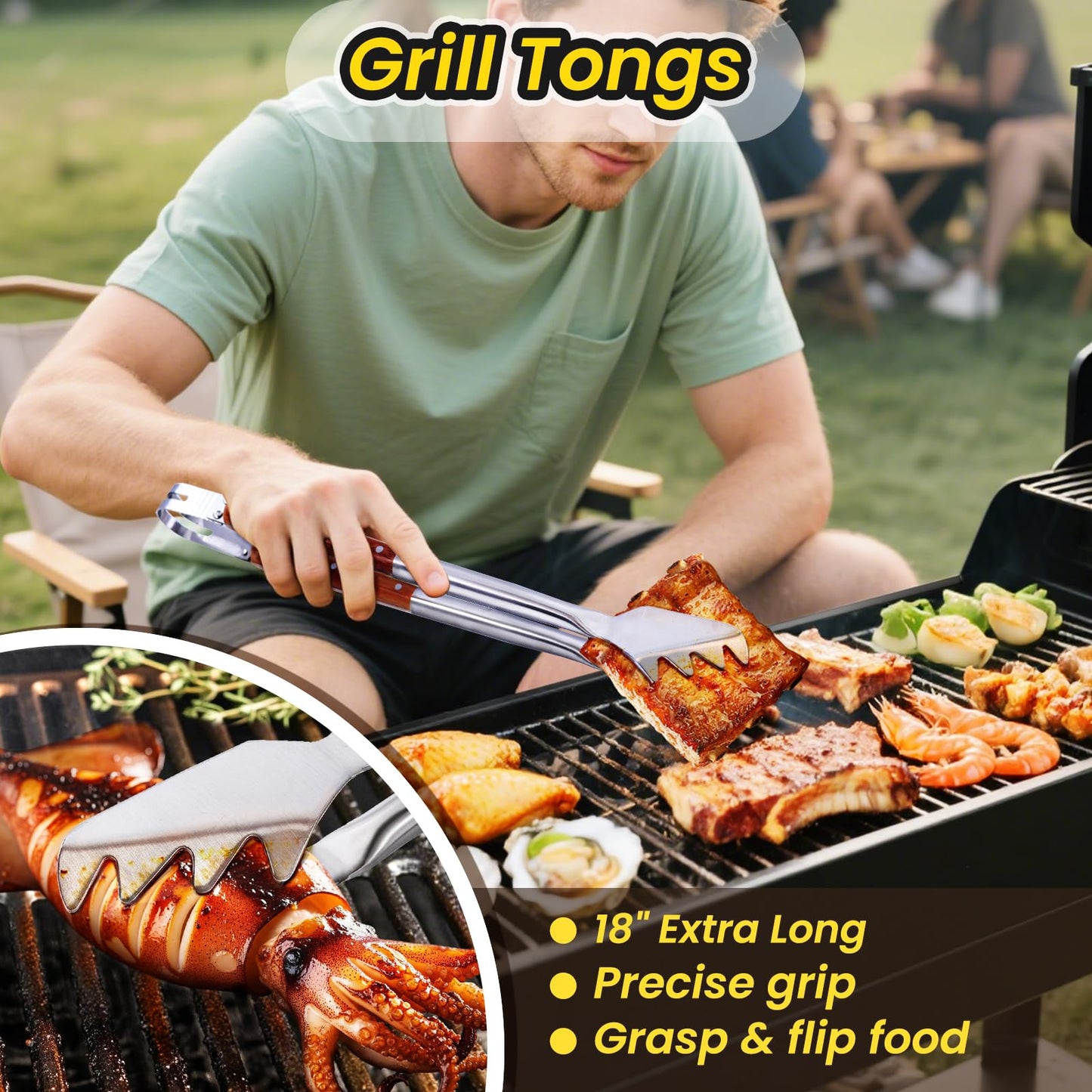 4PCS Grilling Accessories Rose Wooden BBQ Grilling Tools Set, Heavy Duty Stainless Steel Barbecue Grill Tools Kit with Spatula, Clips, Brushes, Forks for Outdoor Grill, BBQ Gift for Men and Women