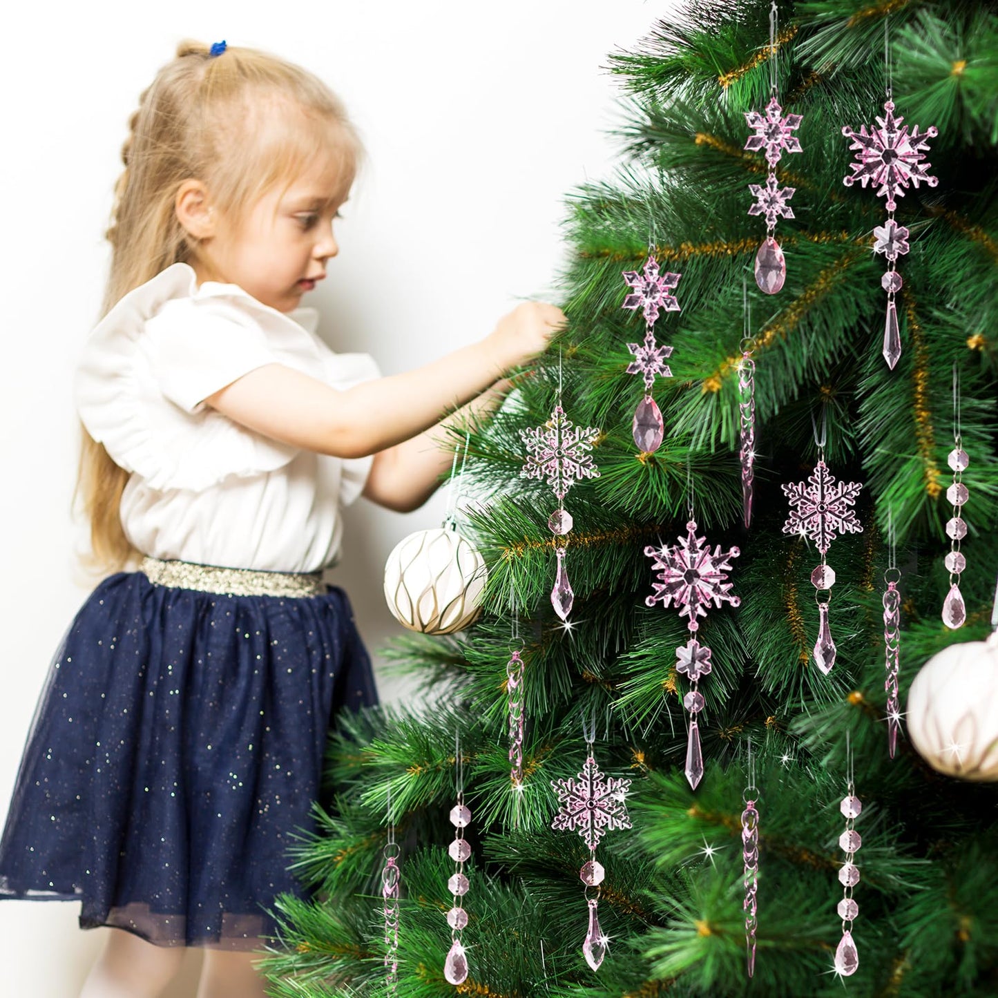 18pcs Crystal Christmas Ornaments for Christmas Tree Decorations-Pink Hanging Acrylic Snowflake and Icicle Ornaments with Drop Pendants for New Year Party Decorations Supplies