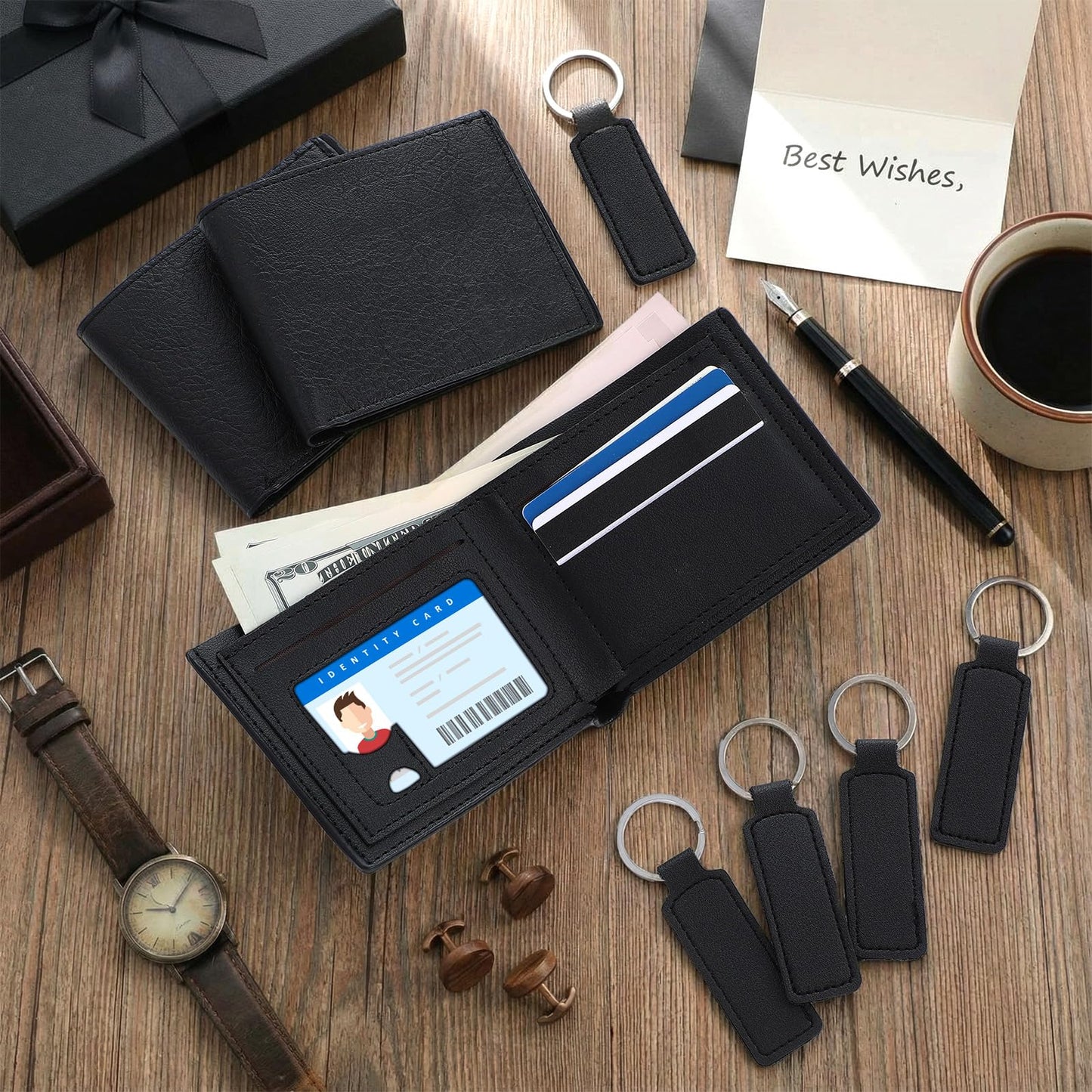 Frienda 12 Sets Fathers Day Black Leather Photo Wallet and Keychains for Men PU Leather Bifold Wallets with Pockets Gifts Church Bulk for Husband Son Dad
