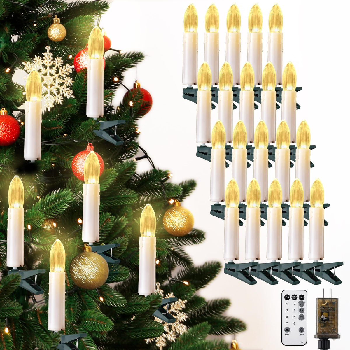 Hohean 20 Pcs Christmas Tree Flameless LED Candle Lights, White Flickering Candle String Lights with Remote Timer and 8 Modes, Xmas Taper Candles with Tree Clips for Holiday Garden Wedding Indoor