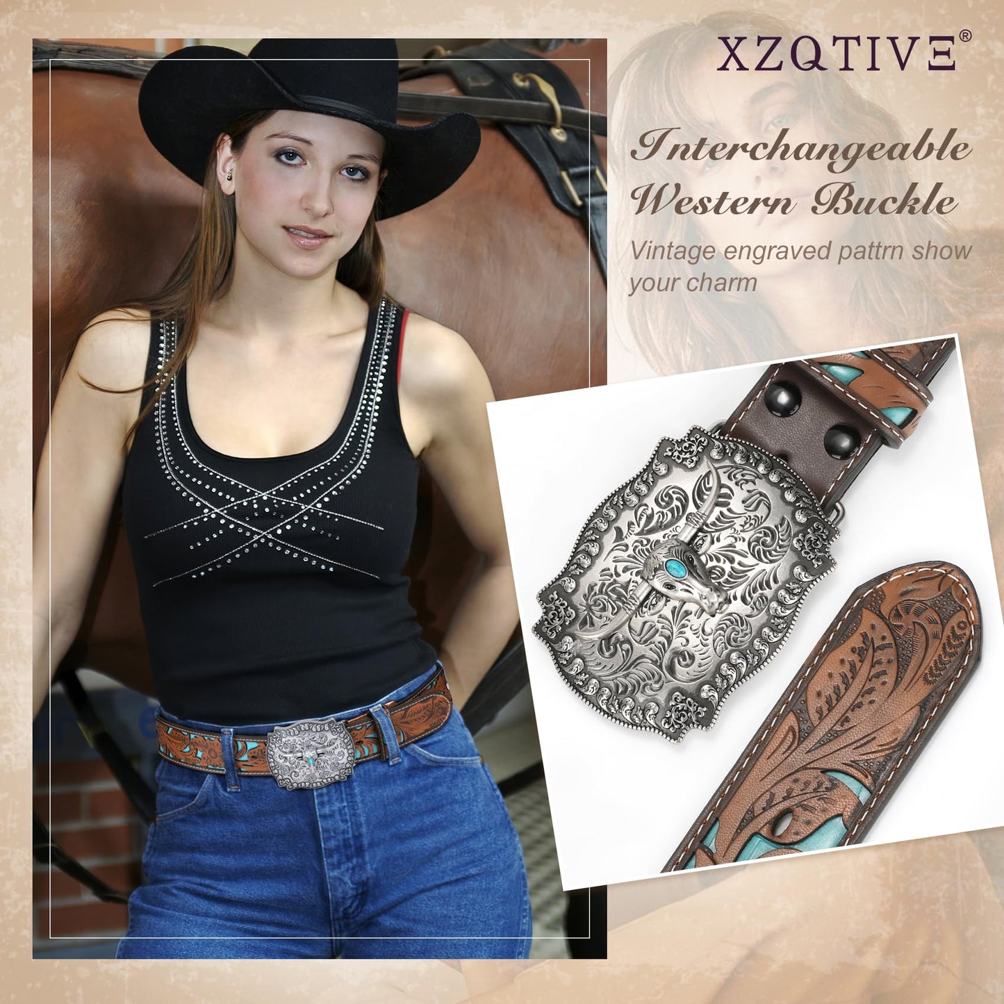 XZQTIVE Women Men Genuine Leather Belt Vintage Ladies Western Belt Engraved Tooled Leather Belt Cowboy Cowgirl Country Belt