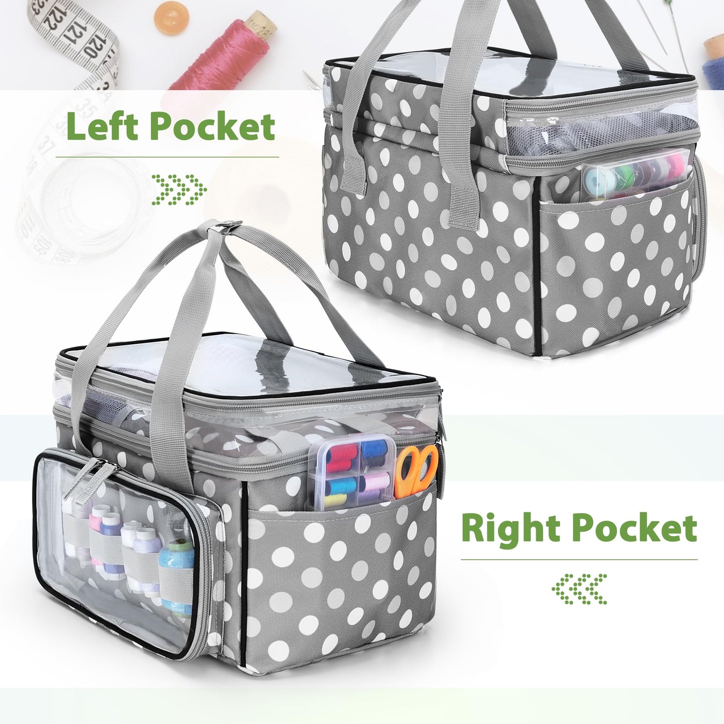 LUXJA Double-Layer Sewing Storage Organizer with Transparent Compartment, Large Sewing Organizer Bag with Detachable Divider for Sewing Supplies (Bag Only), Polka Dots