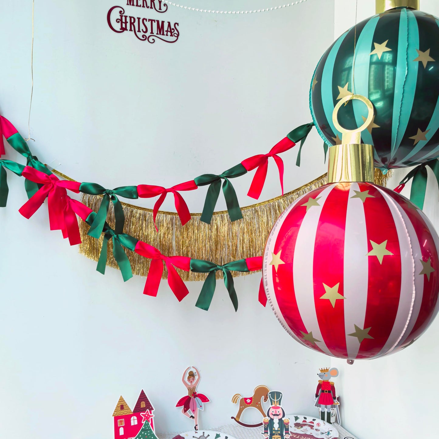Eanjia Bow Knot Garland | 6ft Linking Satin Bow Banner with 3ft Extend Ribbon for Coquette Bachelorette Party, Baby Shower,Bridal Shower Wedding Baby Room Bed Decor (Red & Green, 6ft)