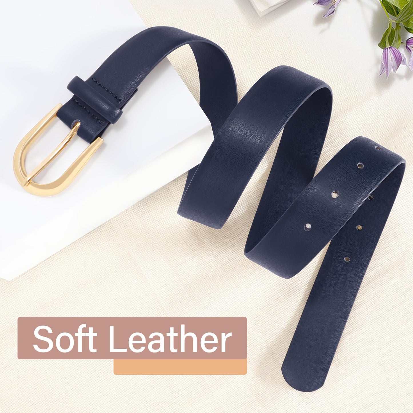 SANSTHS Women Belt for Jeans Pants Fashion Gold Buckle Ladies Dress Waist Belt,Navy,M