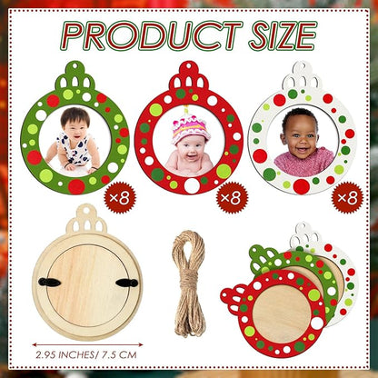 24 Pcs Christmas Pictures Frame Ornaments Bulk Wooden Red Green White Dots Christmas Photo Ornaments Hanging Picture Frames Memories Gifts Keepsake for Tree