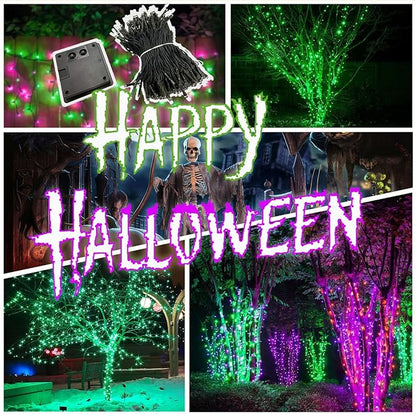 OZS Purple and Green Solar Halloween Lights Outdoor, 2 Pack 240LED 95FT Solar String Lights Waterproof with 8 Modes & Auto On/Off for Tree Party Halloween Decorations