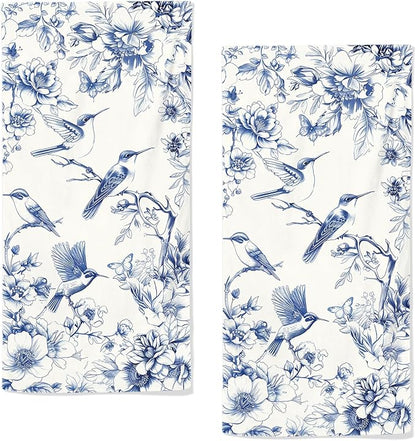 Blue Floral Hand Towels for Bathroom Humingbird Kitchen Towels Watercolor