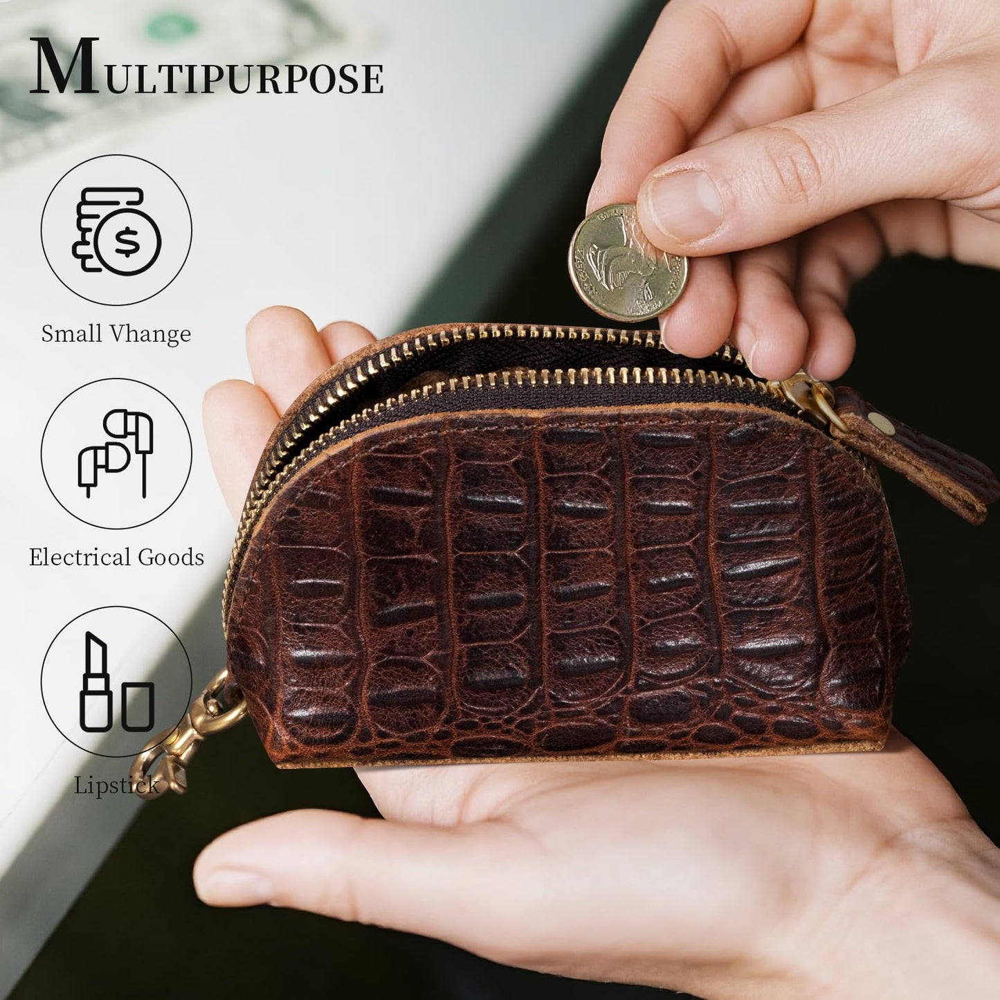 Gexmil Genuine Leather Coin Purse with Zipper, Full Grain Leather, Mini Coin Pouch for Women Men, Change Wallet,Crocodile Brown