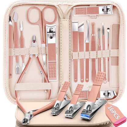 Manicure Set 16Pcs Professional Stainless Steel Pedicure Kit Mens Grooming Kit Fingernail & Toenail Clippers Set Manicure Kit with Luxurious Travel Bag, Sharp Nail Scissors and Clipper (Purple)