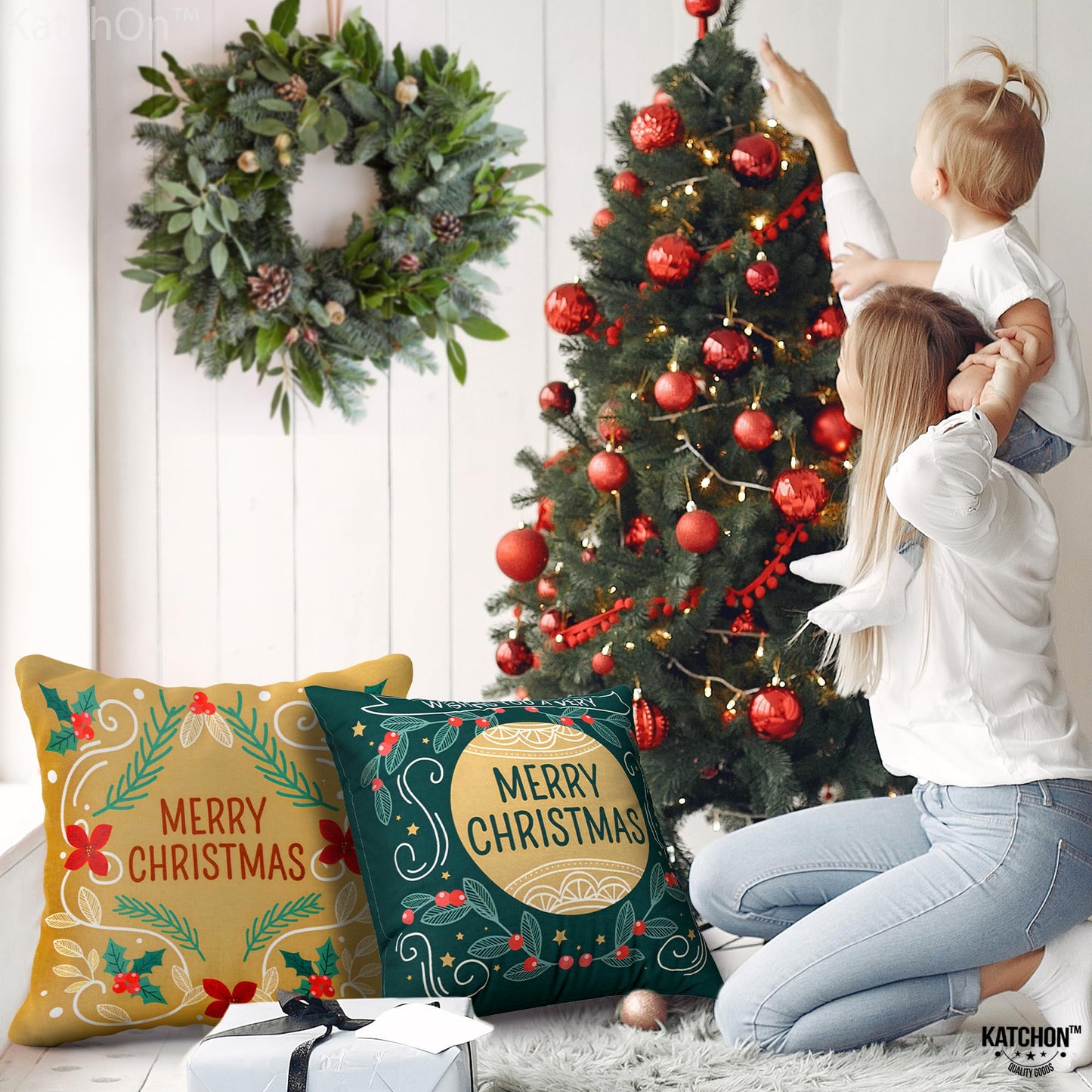 KatchOn, Merry Christmas Pillow Covers 18x18 - Pack of 4 | Green and Gold Christmas Throw Pillow Covers | Christmas Decorations Indoor | Holiday Pillow Cases