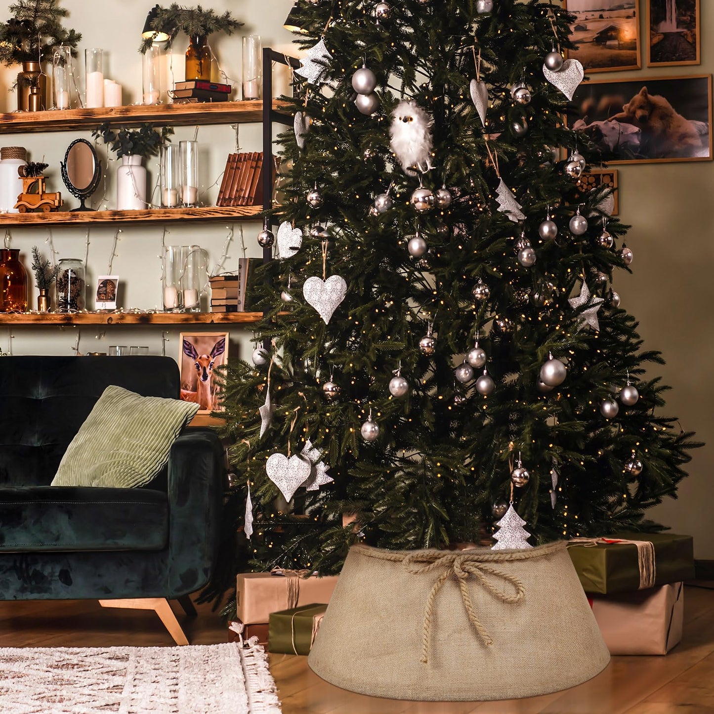 Outus Farmhouse Burlap Christmas Tree Collar Rustic Christmas Tree Ring Easy Set Up for Holiday Xmas Decor(Rustic)