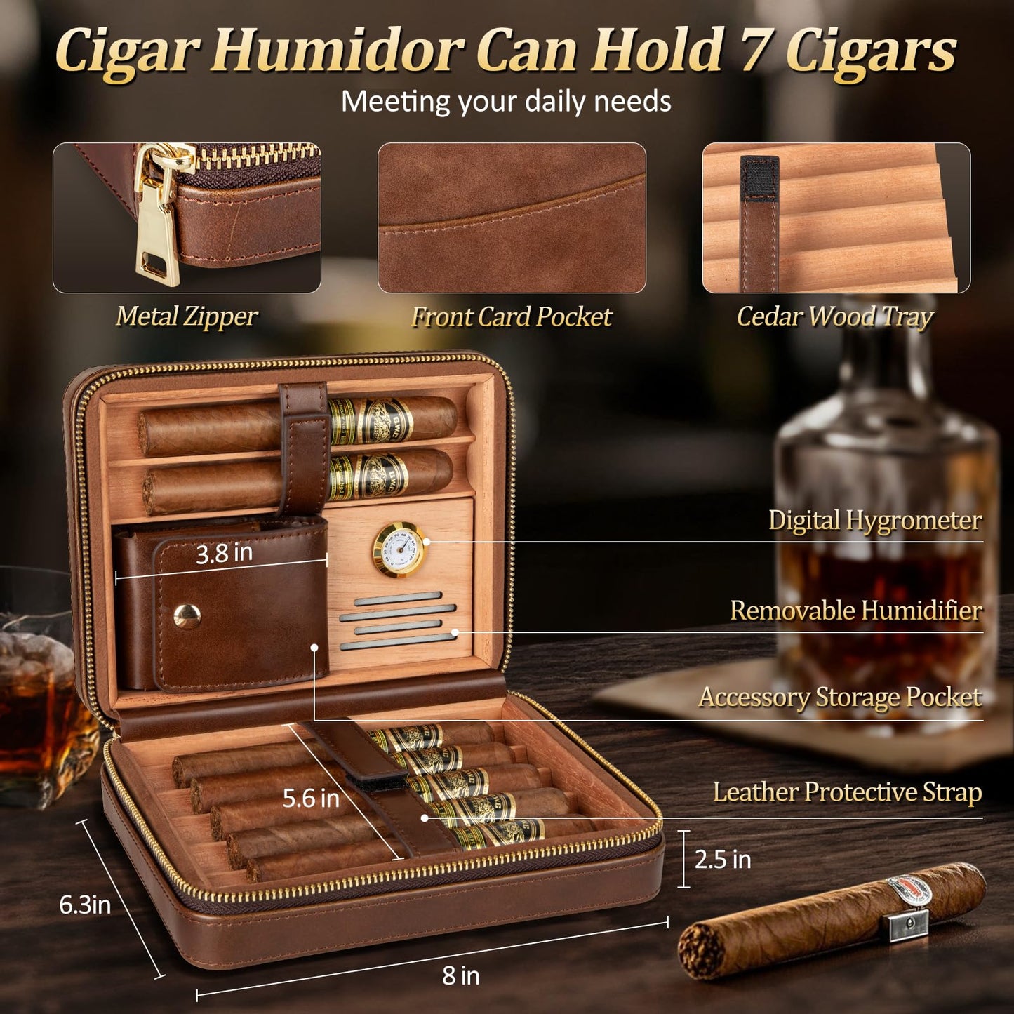 USEWIRE Cigar Humidor, Cedar Wood Leather Cigar Box Set with Cigar Lighter, Cigar Humidifier and Cedar Tray, Portable Travel Cigar Case for 7 Cigars, Men's Cigar Accessory Gift (No Butane)