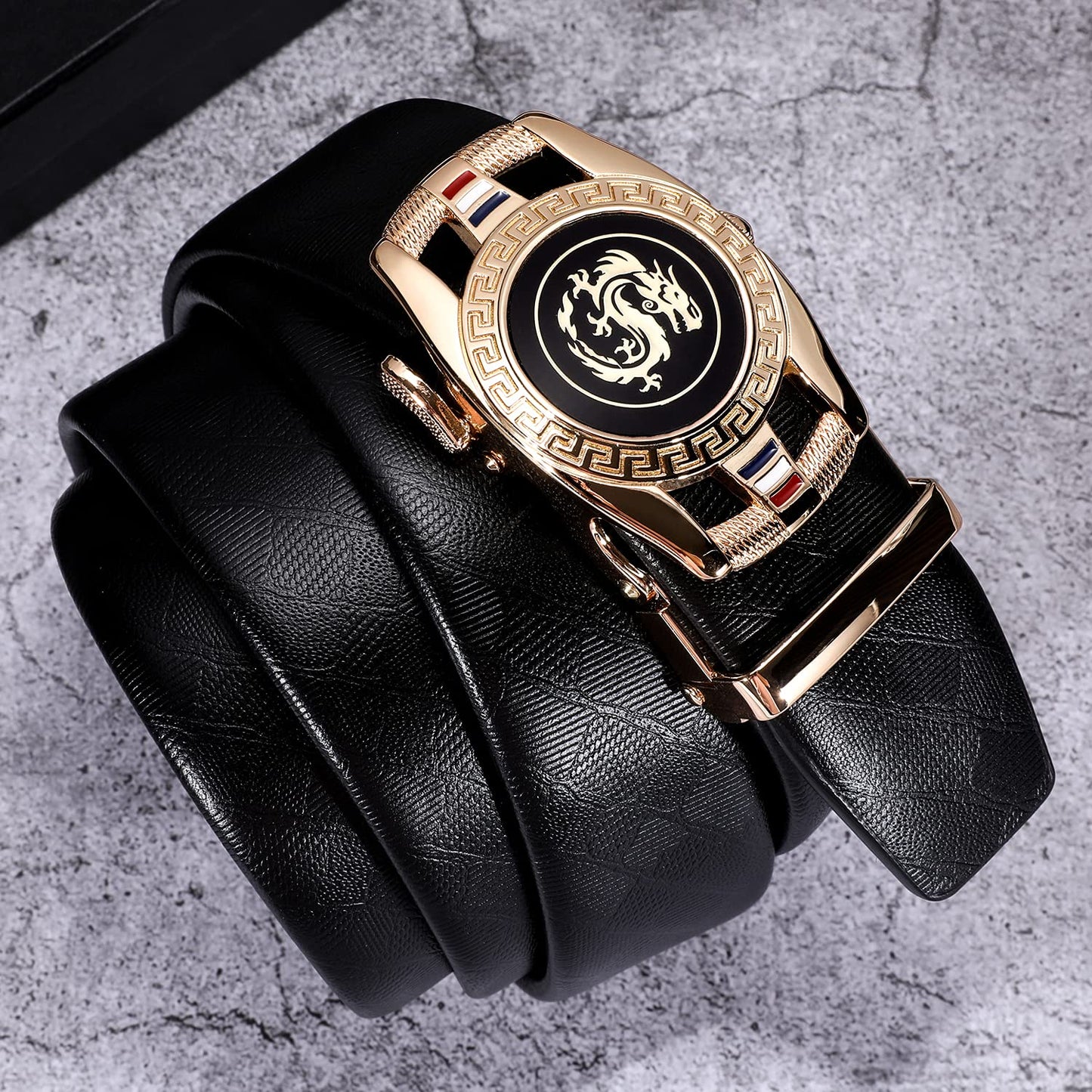 Dubulle Ratchet Belt Gold Dragon Sign Fashion Automatic Buckle Adjustable sliding Ratchet Strap Business Wedding Trim to Fit