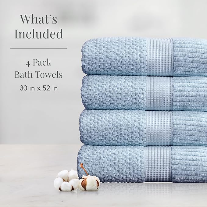 NY Loft 100% Cotton Bath Towel 4 Pack | Super Soft & Absorbent Quick-Dry Bath