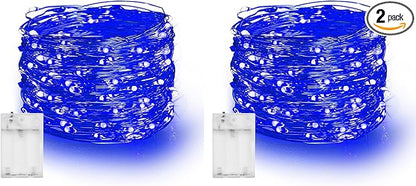 Dazzle Bright Fairy Lights Battery Operated, 2 Pack Total 40FT 120LED Silver Wire Waterproof Battery Operated String Lights, Christmas Decorations for Indoor Outdoor Bedroom Yard Decor, Blue