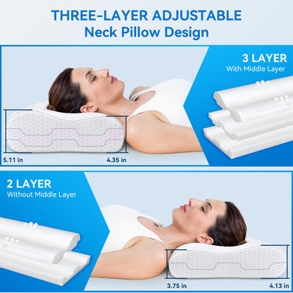 Cervical Neck Pillow for Pain Relief- Queen Size Cooling Pillow for Sleeping, Memory Foam Pillows for Neck Shoulder, Ergonomic Adjustable Contour Bed Pillow for Side, Stomach & Back Sleepers